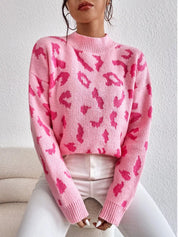 Pink Leopard Mock Neck Sweater with Ribbed Cuffs