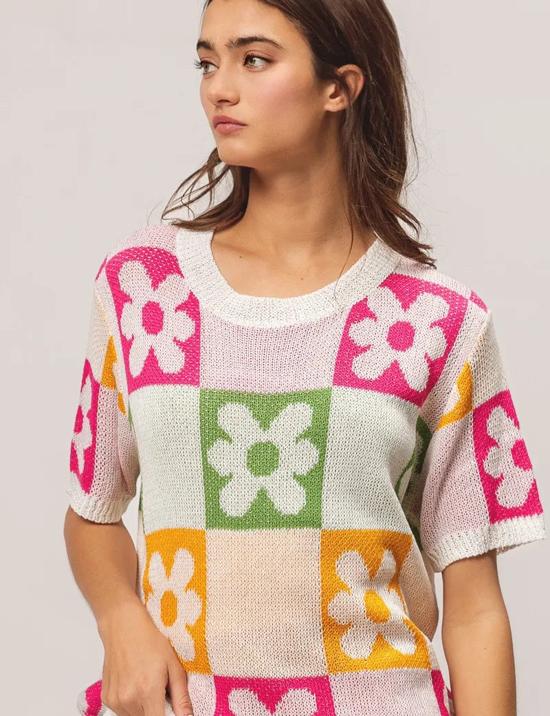 BiBi Flower Checker Pattern Lightweight Sweater Top | Sweaters Daverri Fashions