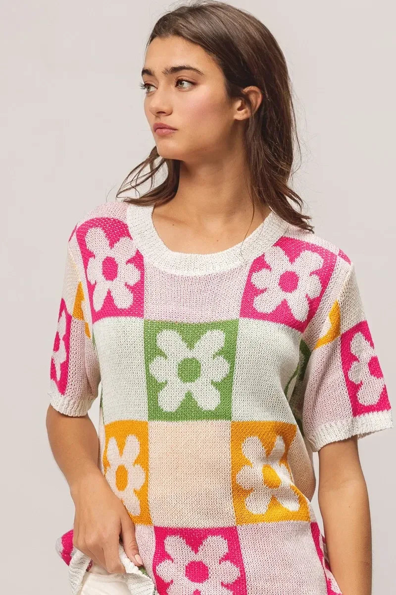 BiBi Flower Checker Pattern Lightweight Sweater Top - DAVERRI FASHIONS