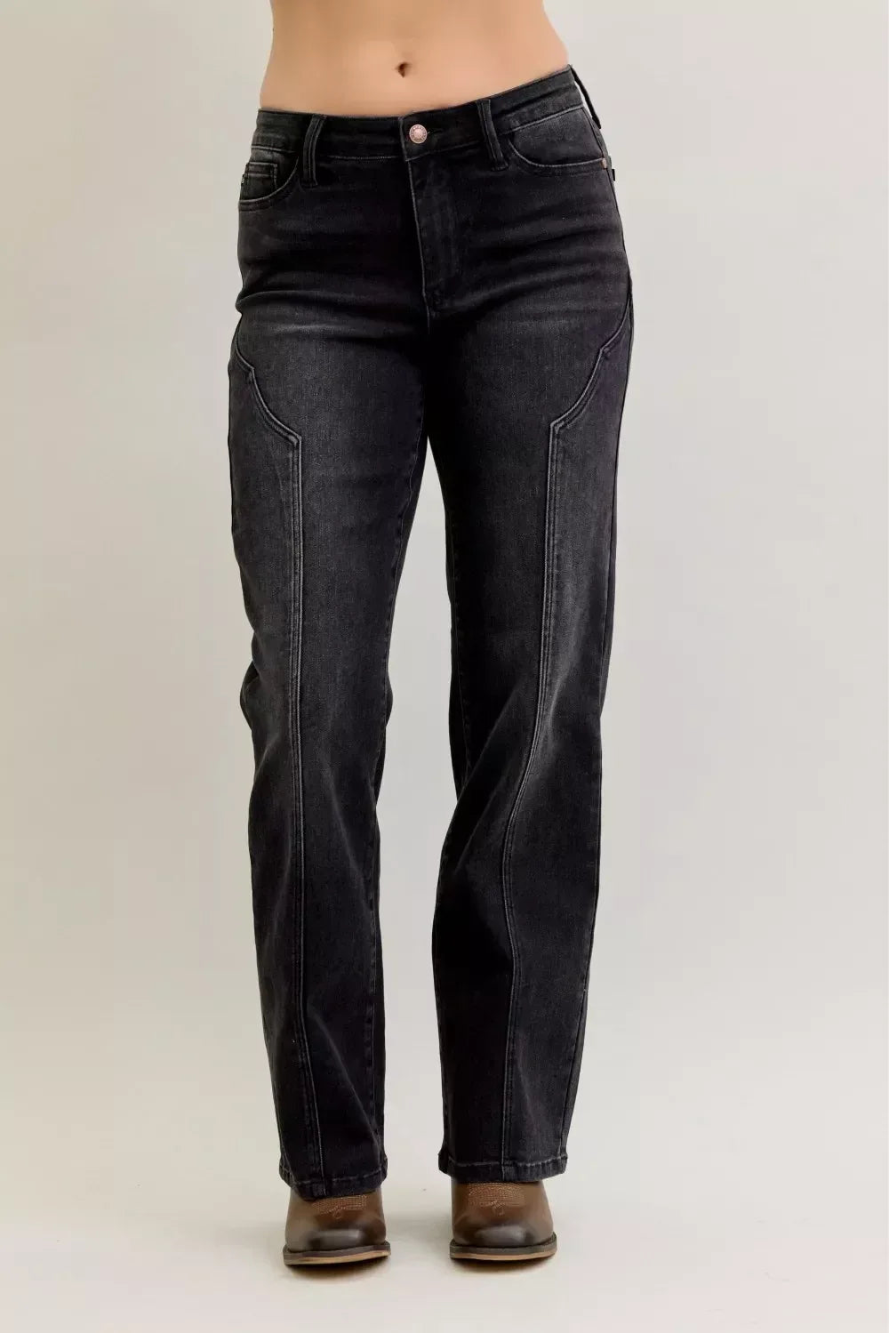 Judy Blue Mid Rise Straight Western Seam Detail Jeans - DAVERRI FASHIONS