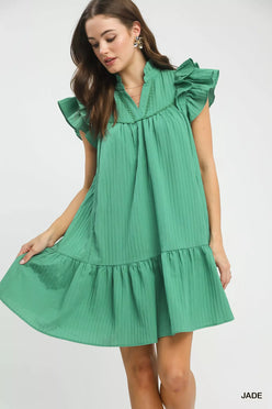 Umgee Flutter Sleeve Tiered Dress in jade green with ruffled shoulders