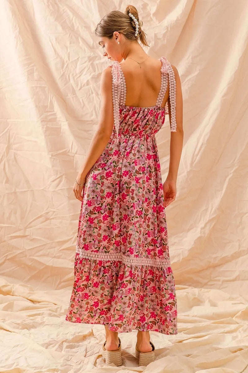 SO ME pink floral maxi dress with ribbon tie lace straps and tiered hem