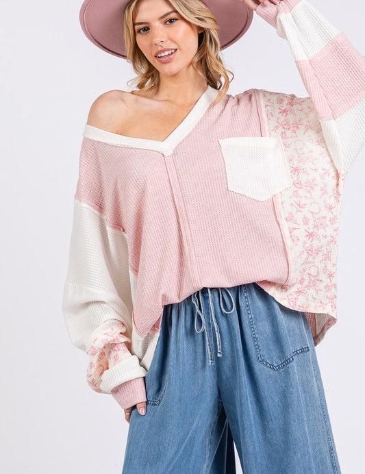 SAGE + FIG Floral Long Sleeve V-Neck Waffle Knit Top