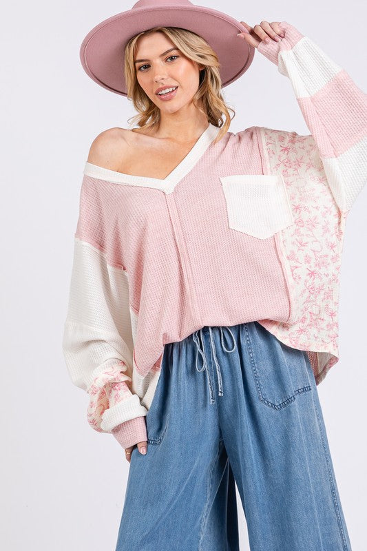 SAGE + FIG Floral Long Sleeve V-Neck Waffle Knit Top Tops