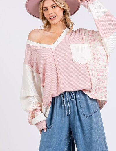 SAGE + FIG Floral Long Sleeve V-Neck Waffle Knit Top Tops