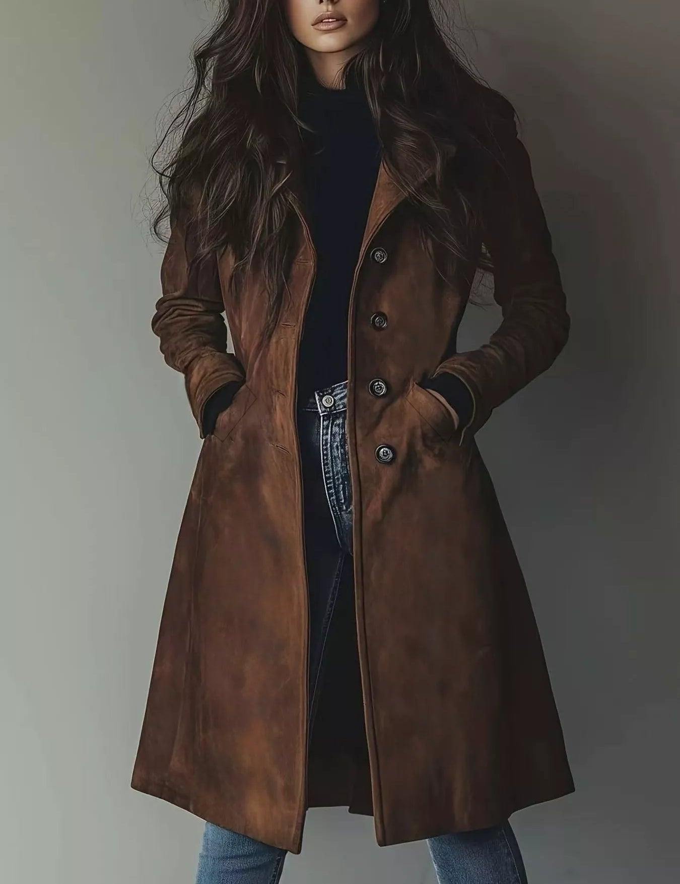 Brown leather button-up trench coat with fur trim