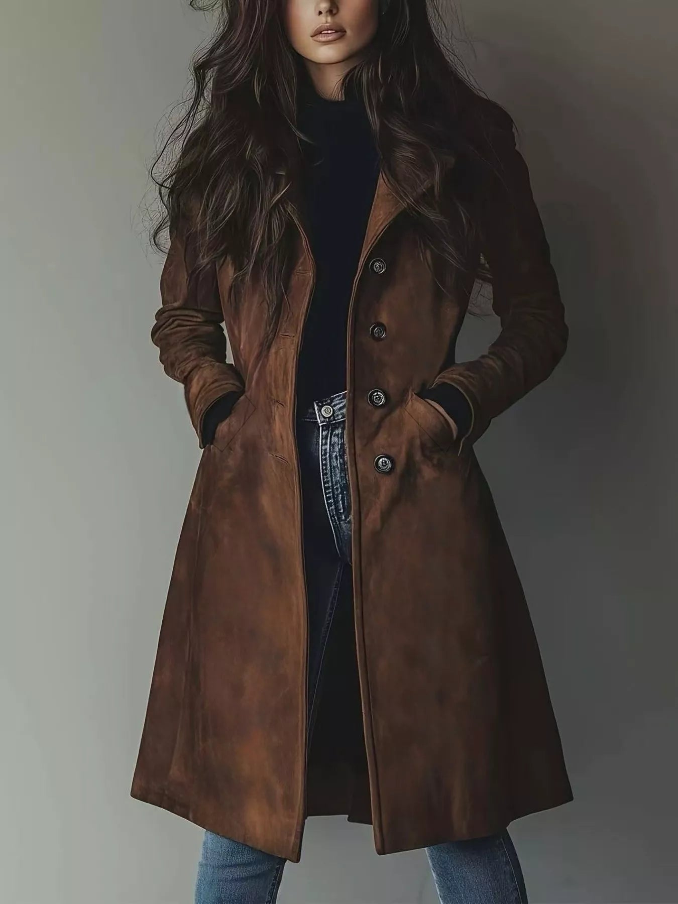 Brown leather button-up trench coat with fur trim
