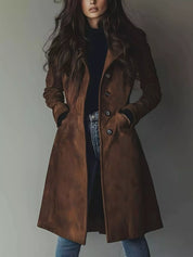 Brown leather button-up trench coat with fur trim