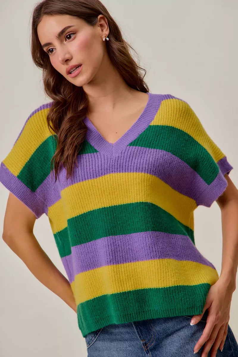 SO ME Mardi Gras loose fit V-neck striped sweater top