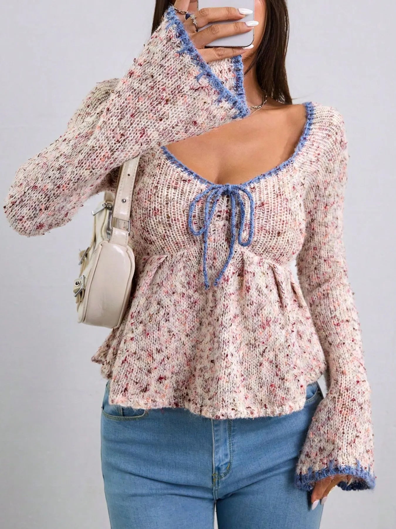 Tie Front Flare Sleeve Sweater | Sweaters Daverri Fashions