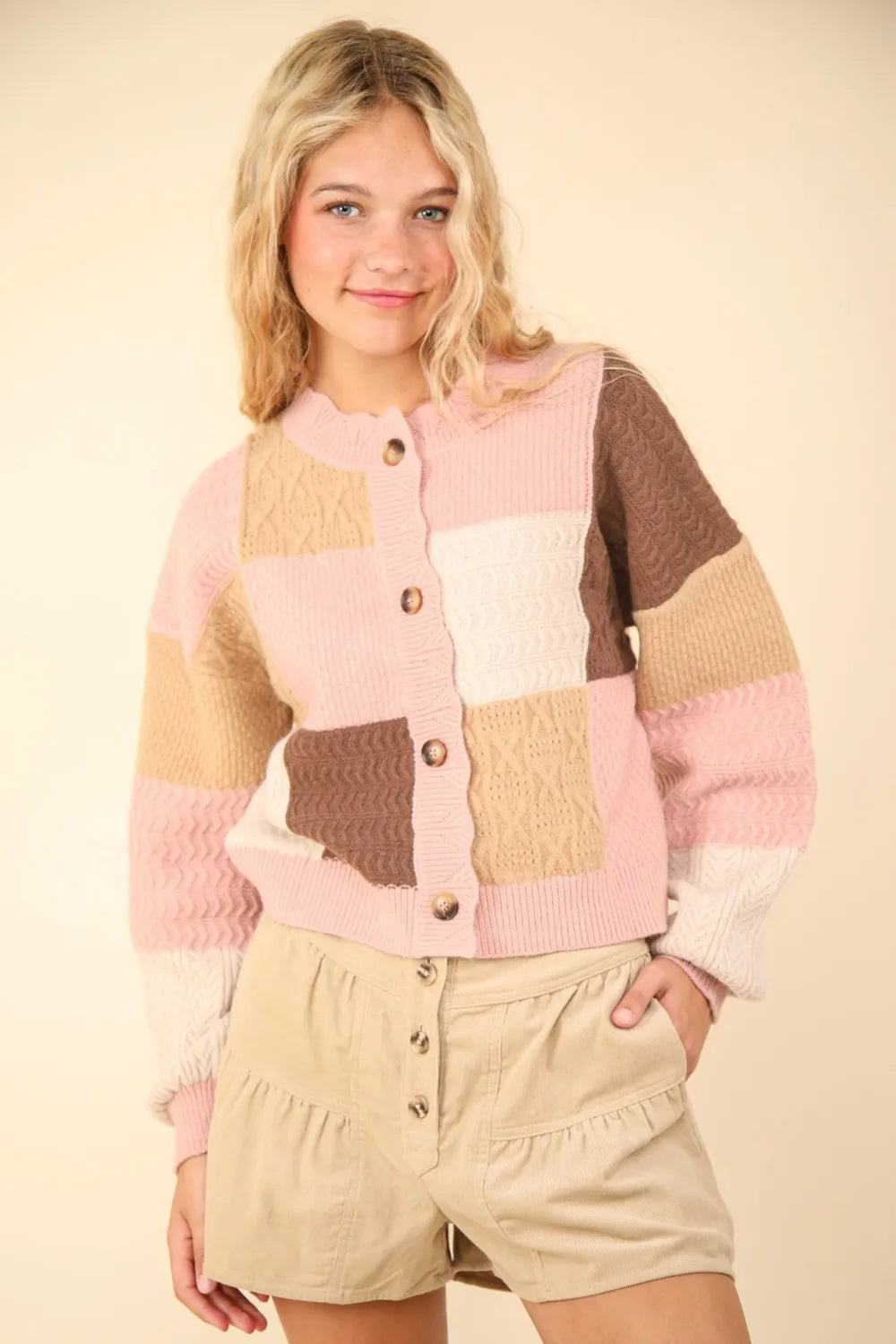 VERY J Color Block Button Down Textured Sweater Cardigan Blush Cardigans