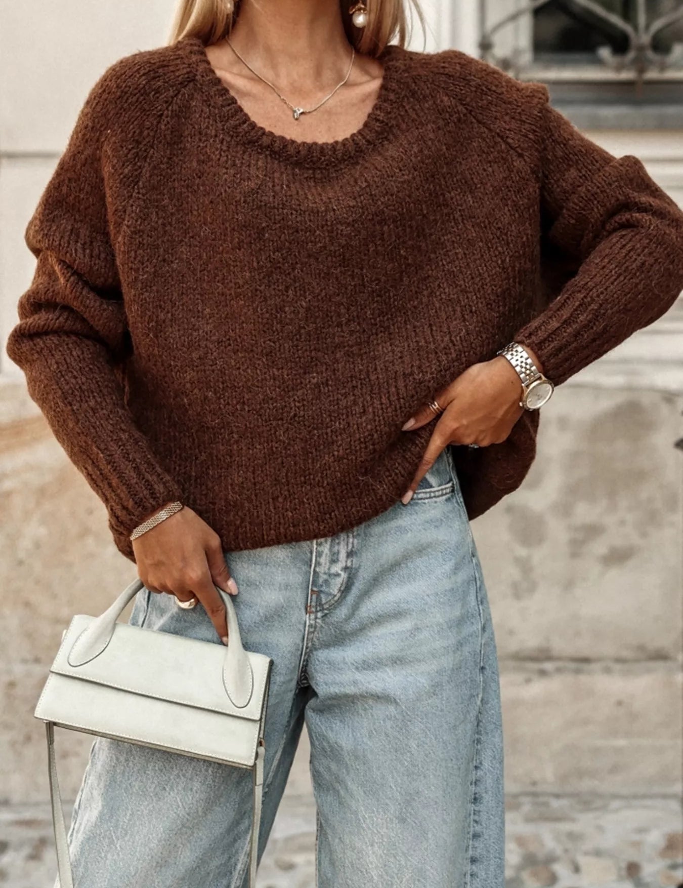 Brown Round Neck Drop Shoulder Sweater | Sweaters Daverri Fashions