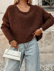 Brown Round Neck Drop Shoulder Sweater | Sweaters Daverri Fashions