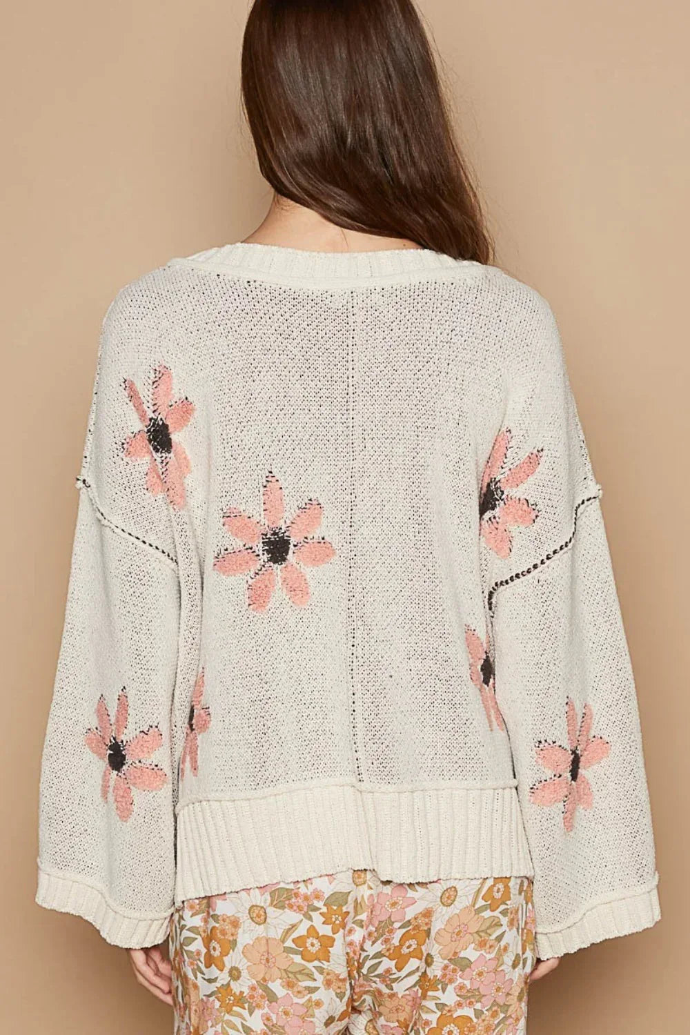 POL V-Neck Floral Pattern Chenille Sweater - DAVERRI FASHIONS