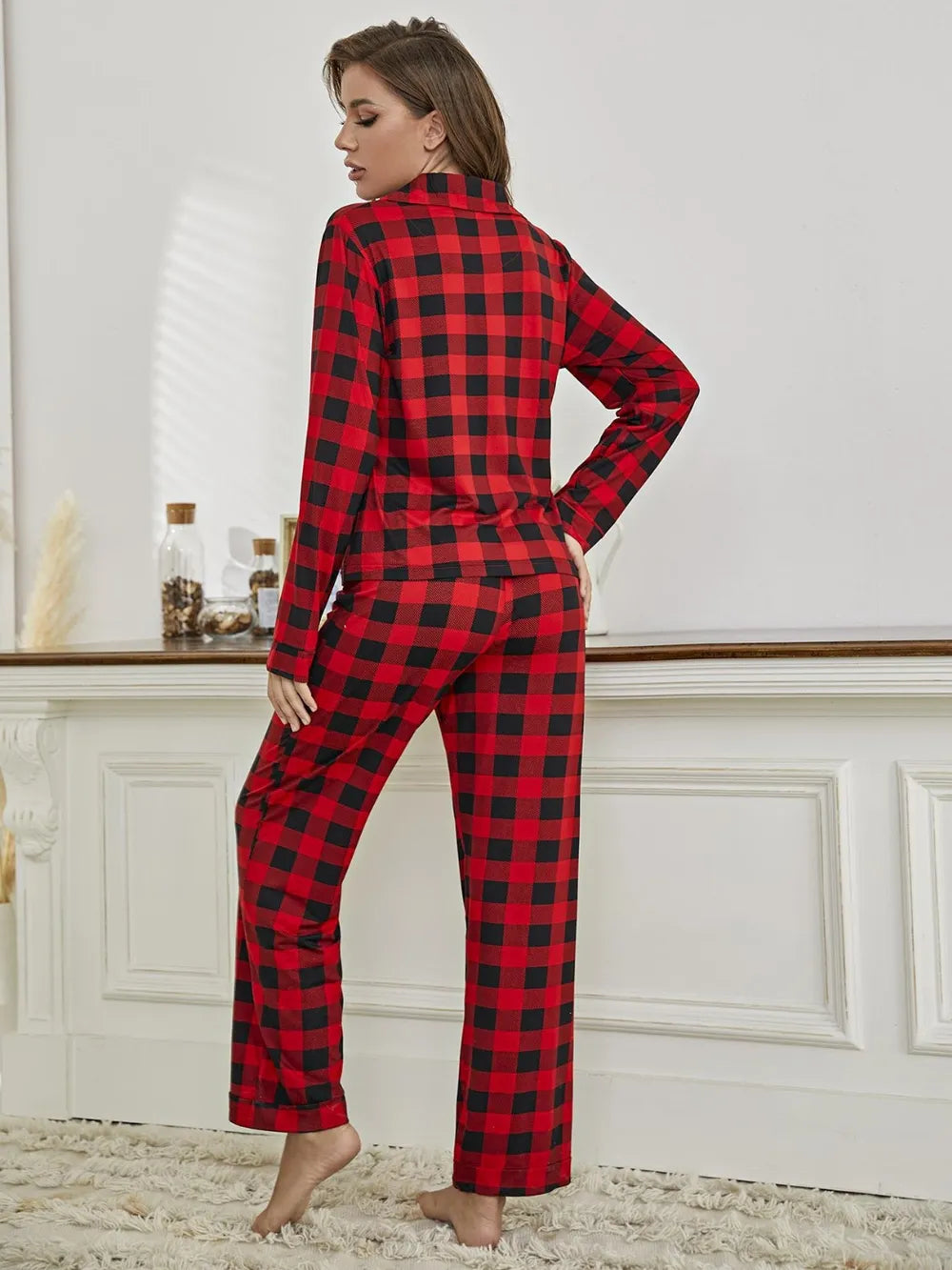Plaid Collared Neck Long Sleeve Top and Pants Lounge Set | Loungewear Sets Daverri Fashions