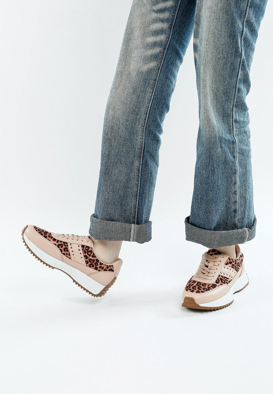 Genuine leather beige brown leopard print sneakers with chunky white sole