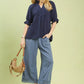 Umgee navy blue linen scalloped ruffle neck blouse with ruffled sleeves