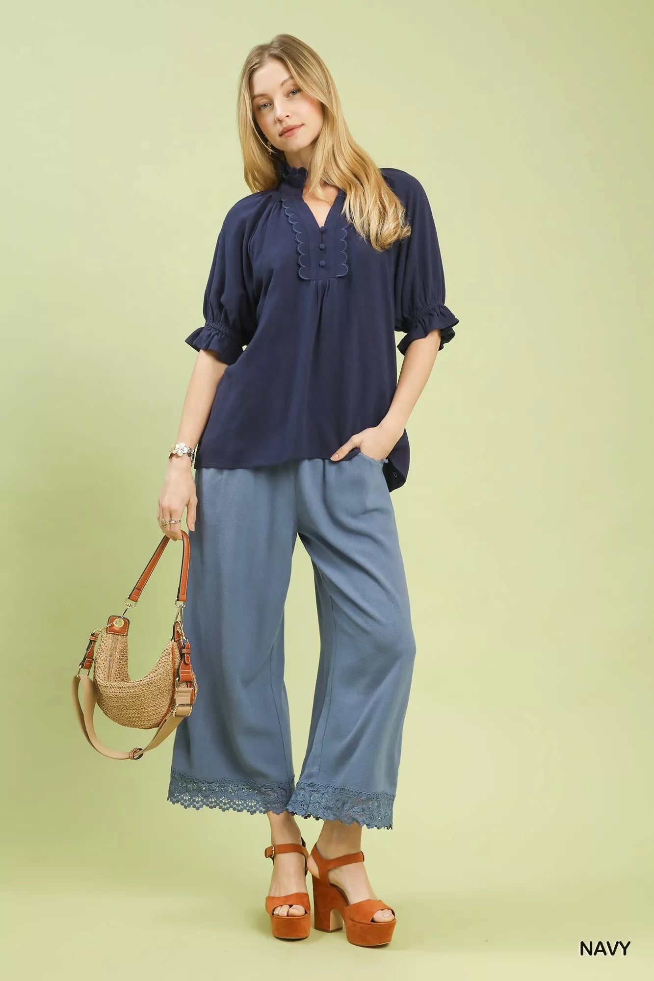 Umgee navy blue linen scalloped ruffle neck blouse with ruffled sleeves