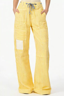 Daverri Striped Wide-Leg Pants in yellow patchwork with gray drawstring waist