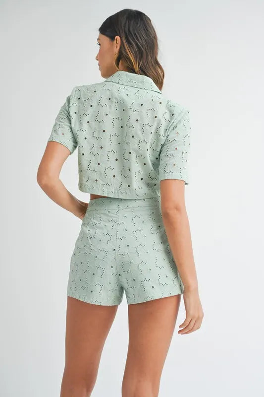 MABLE Eyelet Short Sleeve Crop Top and Shorts Set Outfit Sets