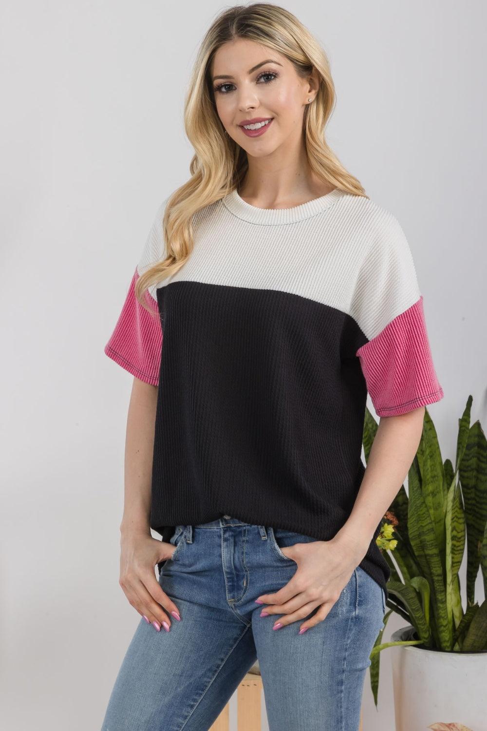 Celeste Full Size Ribbed Color Block T-Shirt Shirts & Tops