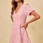 SO ME floral jacquard fit and flare mini dress in soft pink lace with V-neck and puffed sleeves