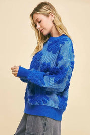 Davi & Dani Flower Texture Round Neck Dropped Shoulder Sweater | Sweaters Daverri Fashions