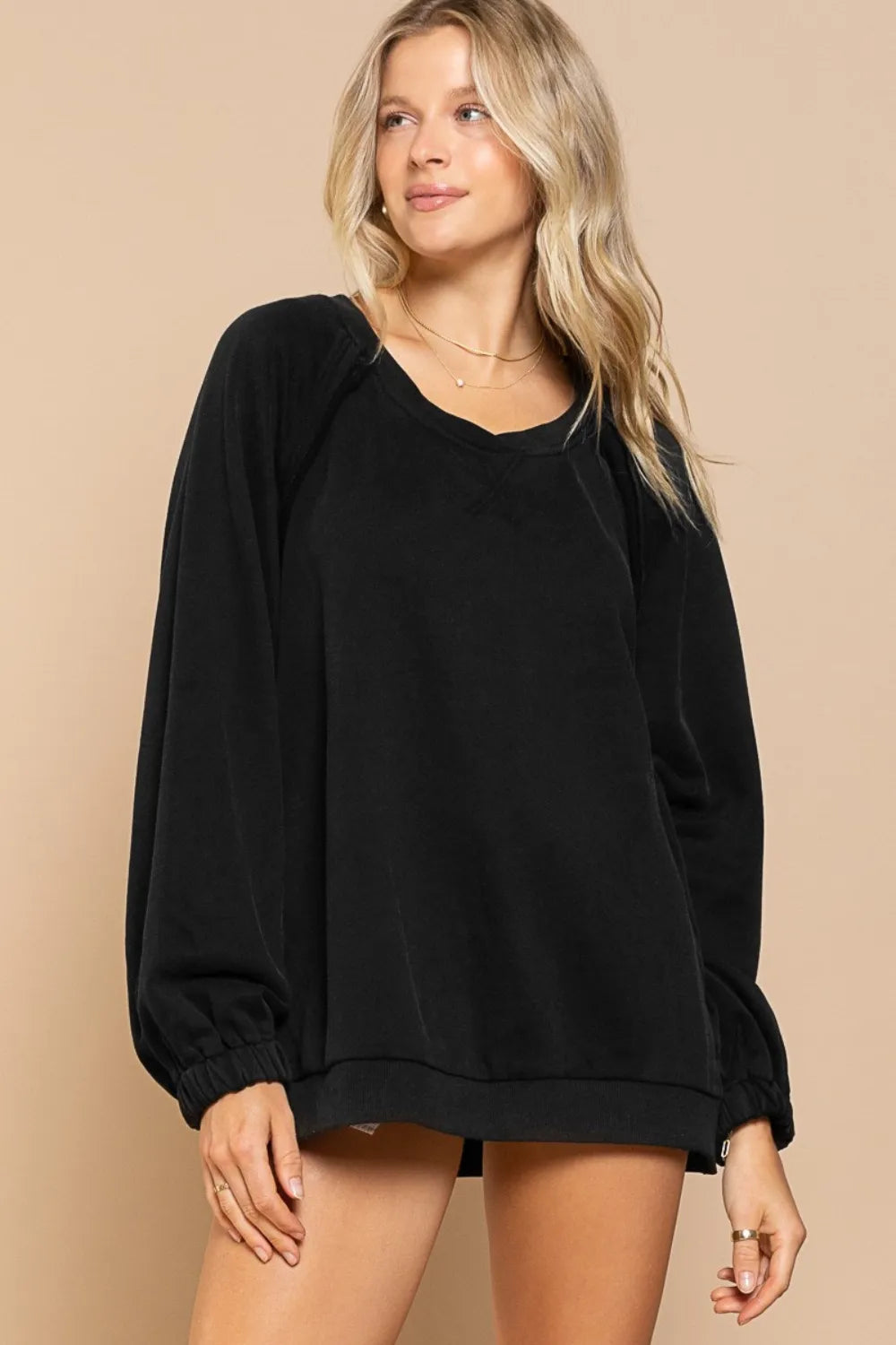POL Back Cross Strap Detail Balloon Sleeve Sweatshirt Black