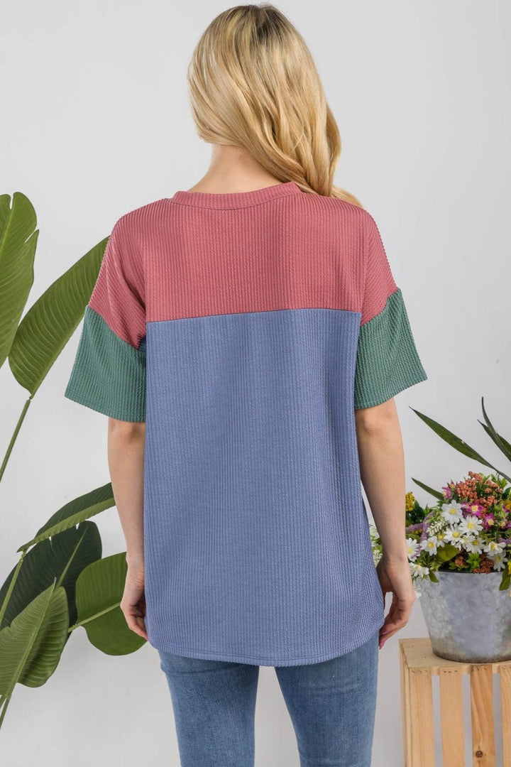 Celeste Full Size Ribbed Color Block T-Shirt Shirts & Tops