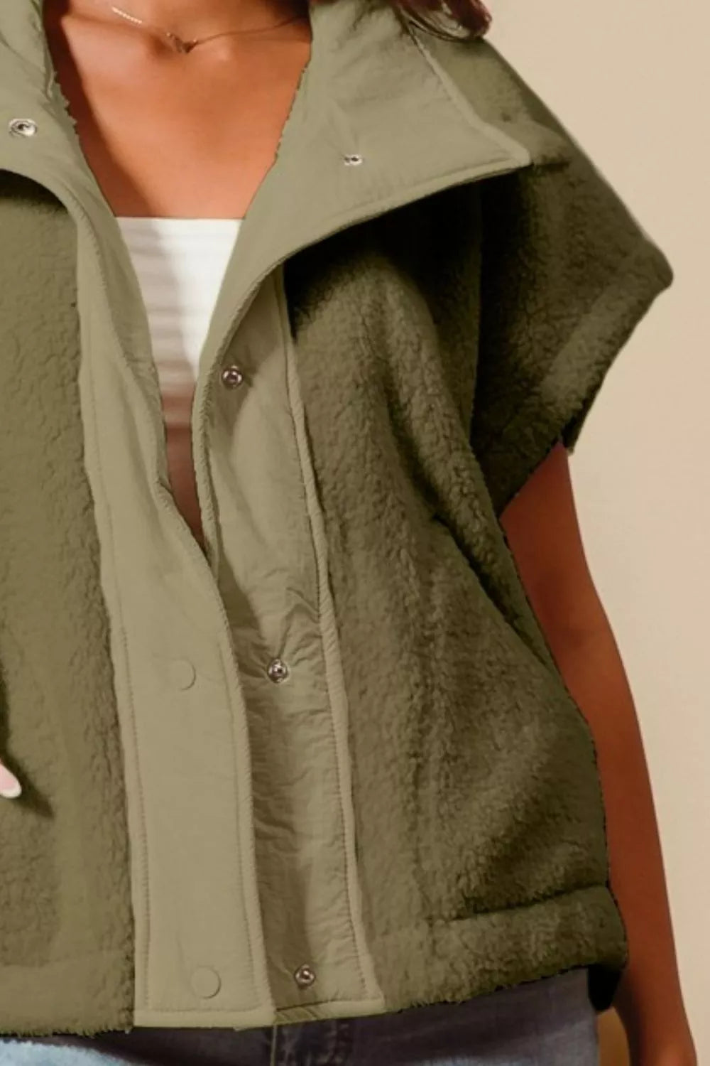 Olive green oversized soft sherpa fur sleeveless vest jacket