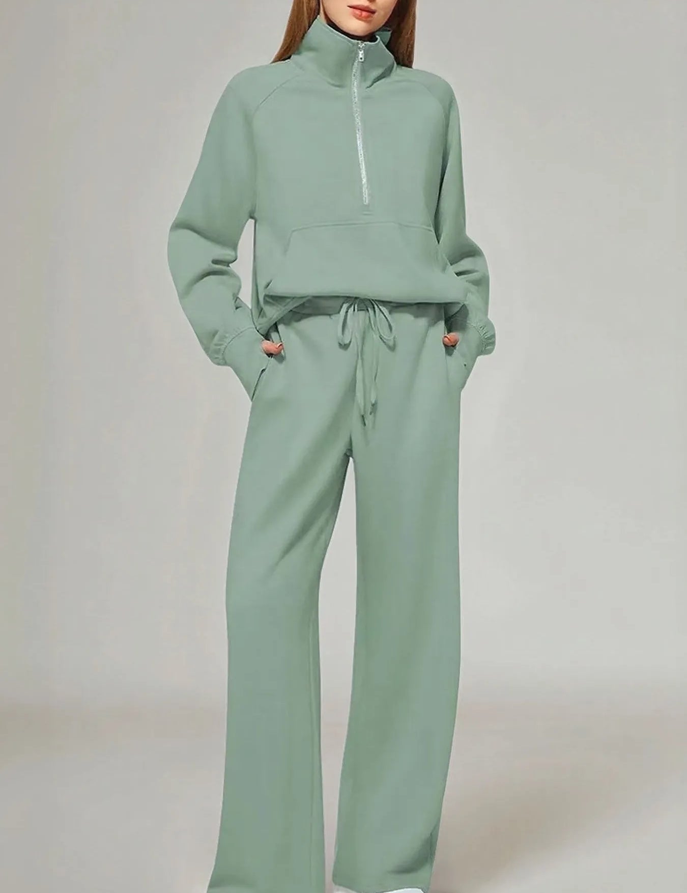 Green Half Zip Long Sleeve Top and Pants Set | Loungewear Sets Daverri Fashions