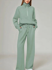 Green Half Zip Long Sleeve Top and Pants Set | Loungewear Sets Daverri Fashions