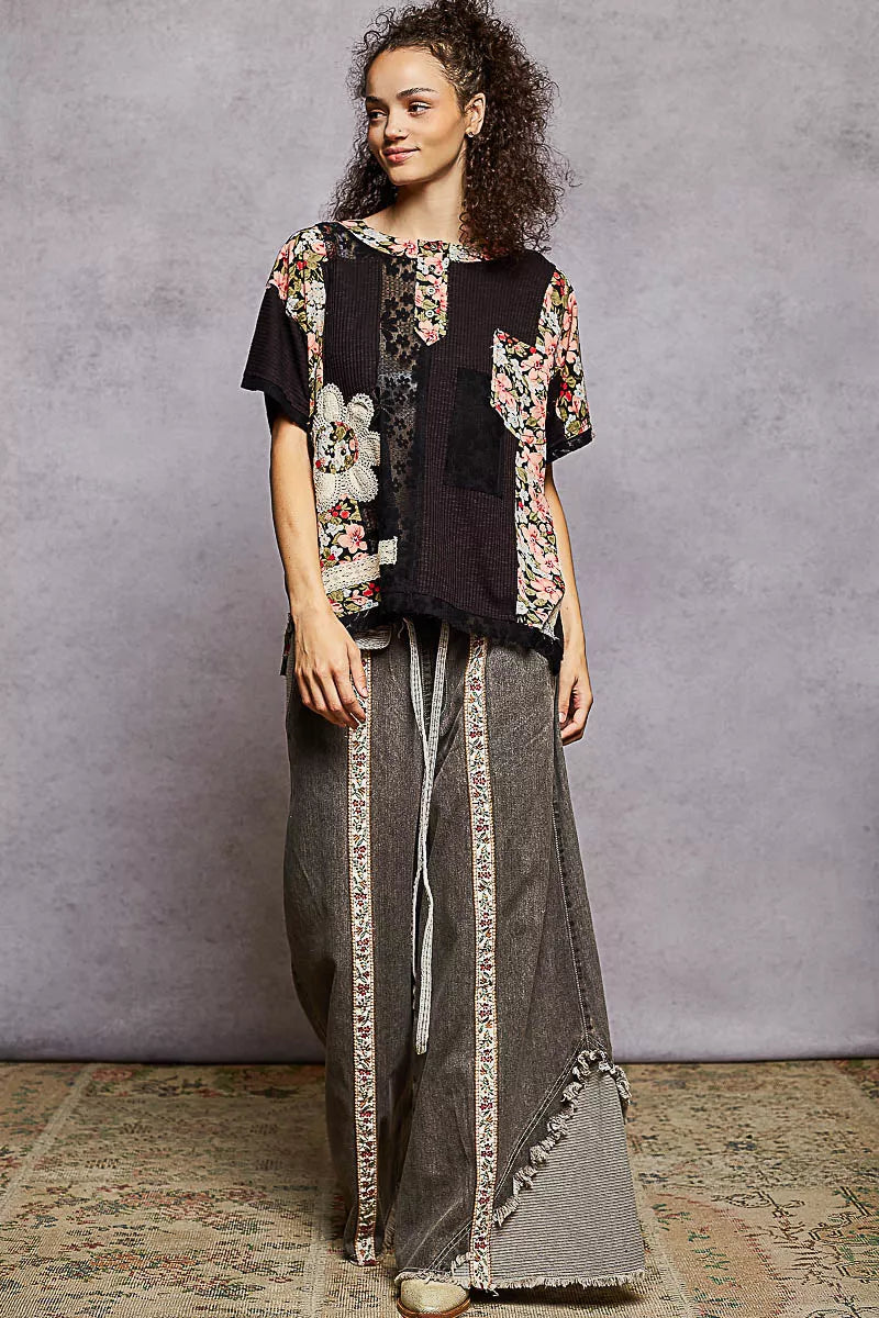 POL Lace Round Neck Short Sleeve Floral Pattern Top with Patch Detail | Blouses Daverri Fashions