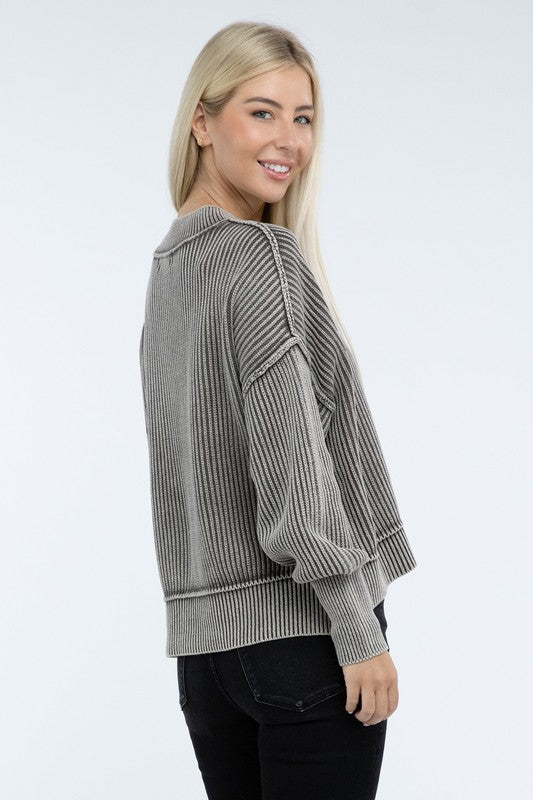 Washed Side Slit Oversized Cropped Cotton Sweater Tops