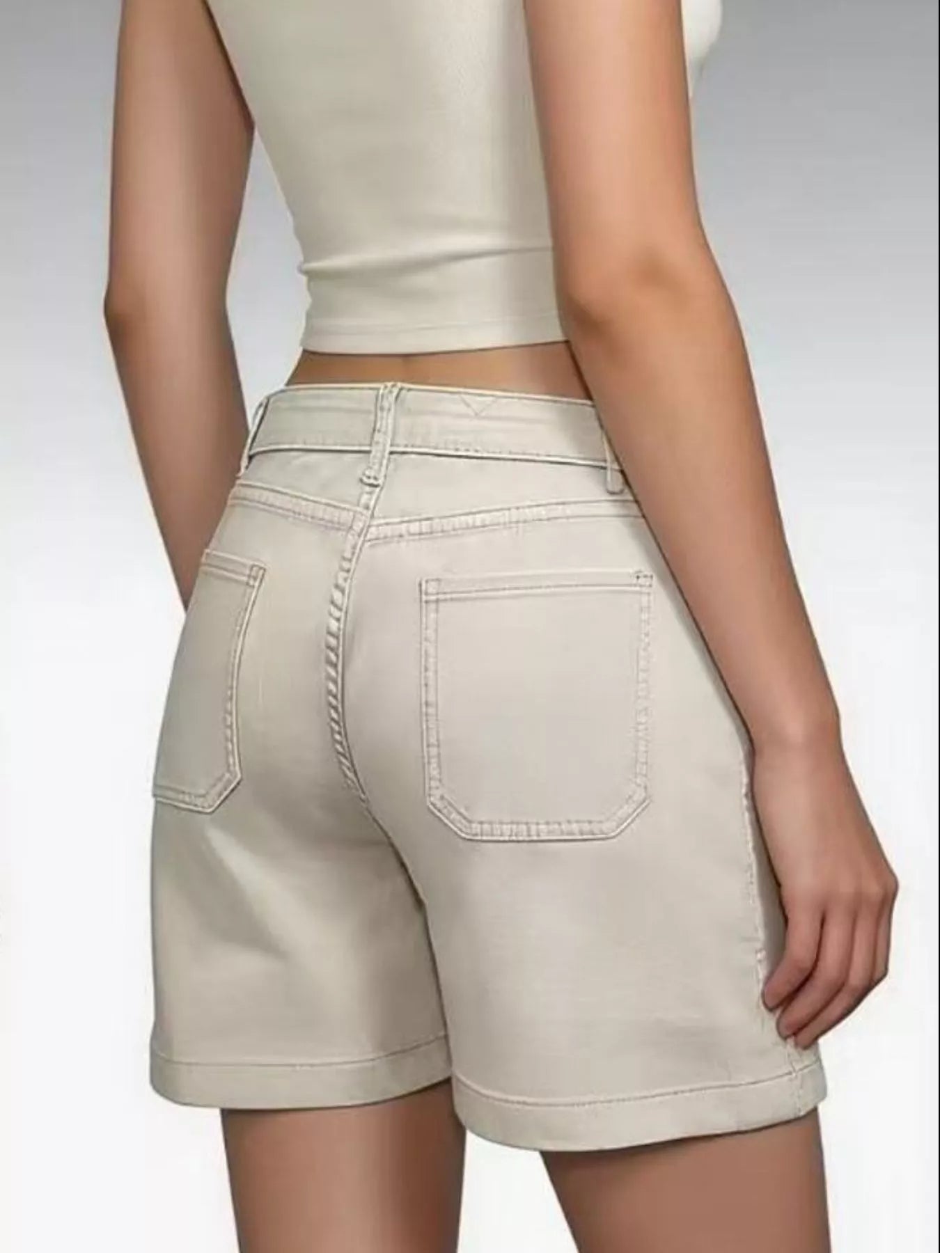 Daverri pocketed denim shorts in beige with rolled cuffs and back pockets