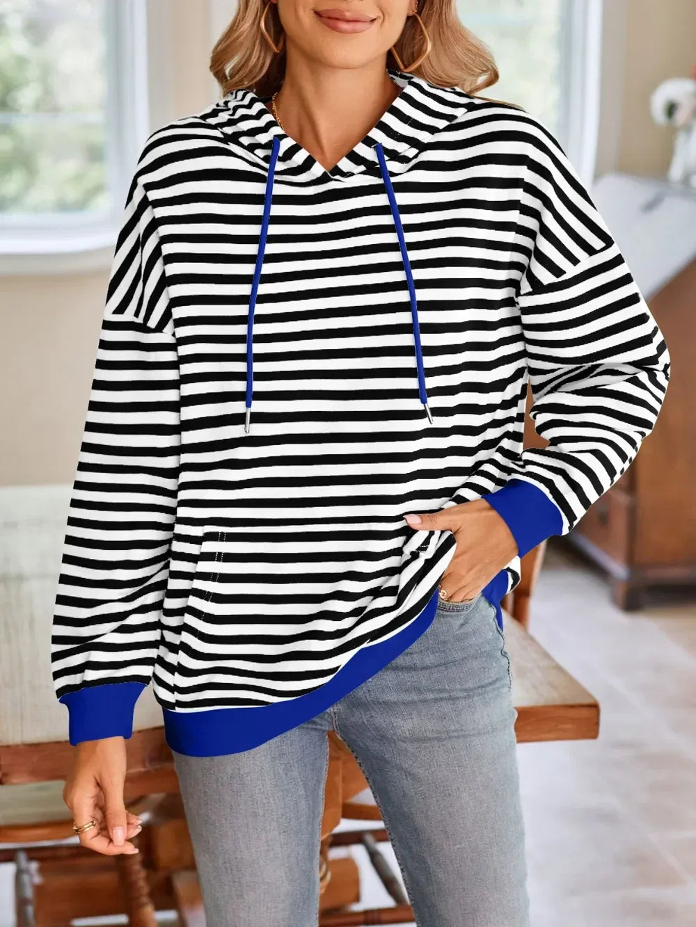 Lovelet Drawstring Striped Long Sleeve Hoodie - DAVERRI FASHIONS