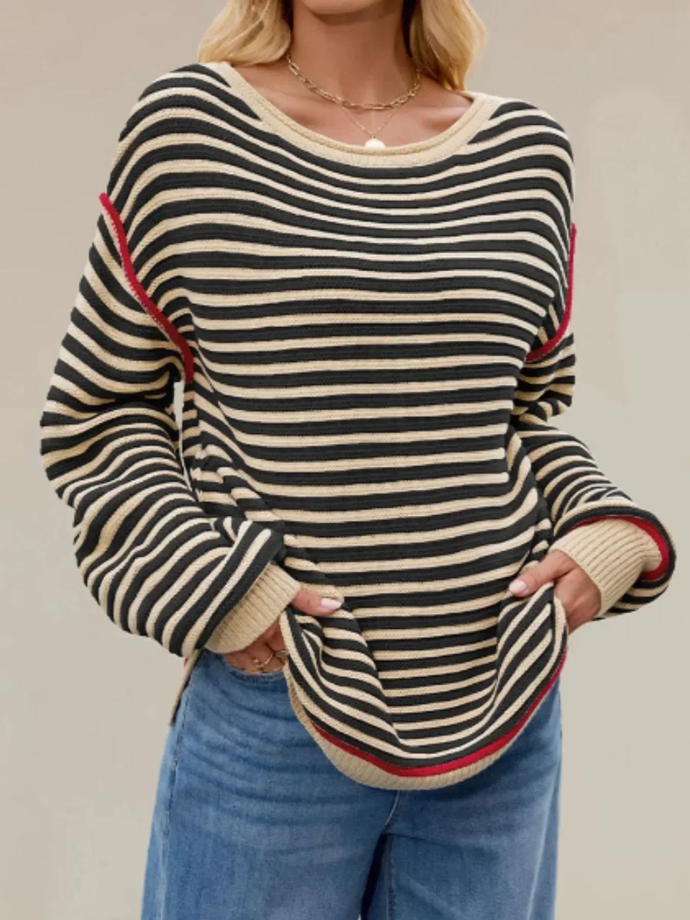 Slit Striped Oversized Sweater - DAVERRI FASHIONS