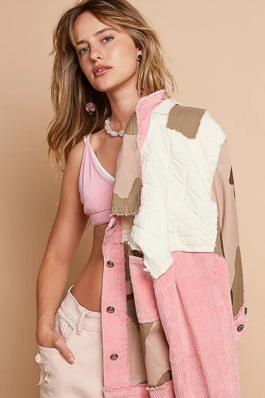 POL Corduroy Jacquard Patchwork Button Up Jacket | Daverri Fashions