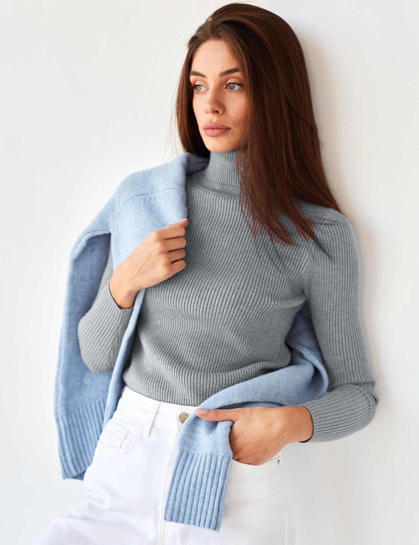 Gray Free Size Women's Knit Turtleneck Pullover | Sweaters Daverri Fashions