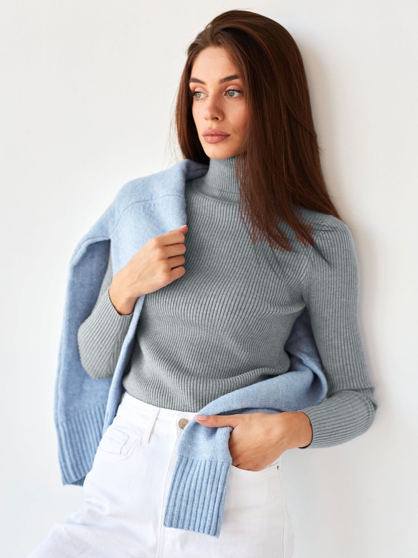 Gray Free Size Women's Knit Turtleneck Pullover | Sweaters Daverri Fashions