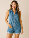 Zip Front Sleeveless Denim Romper - DAVERRI FASHIONS