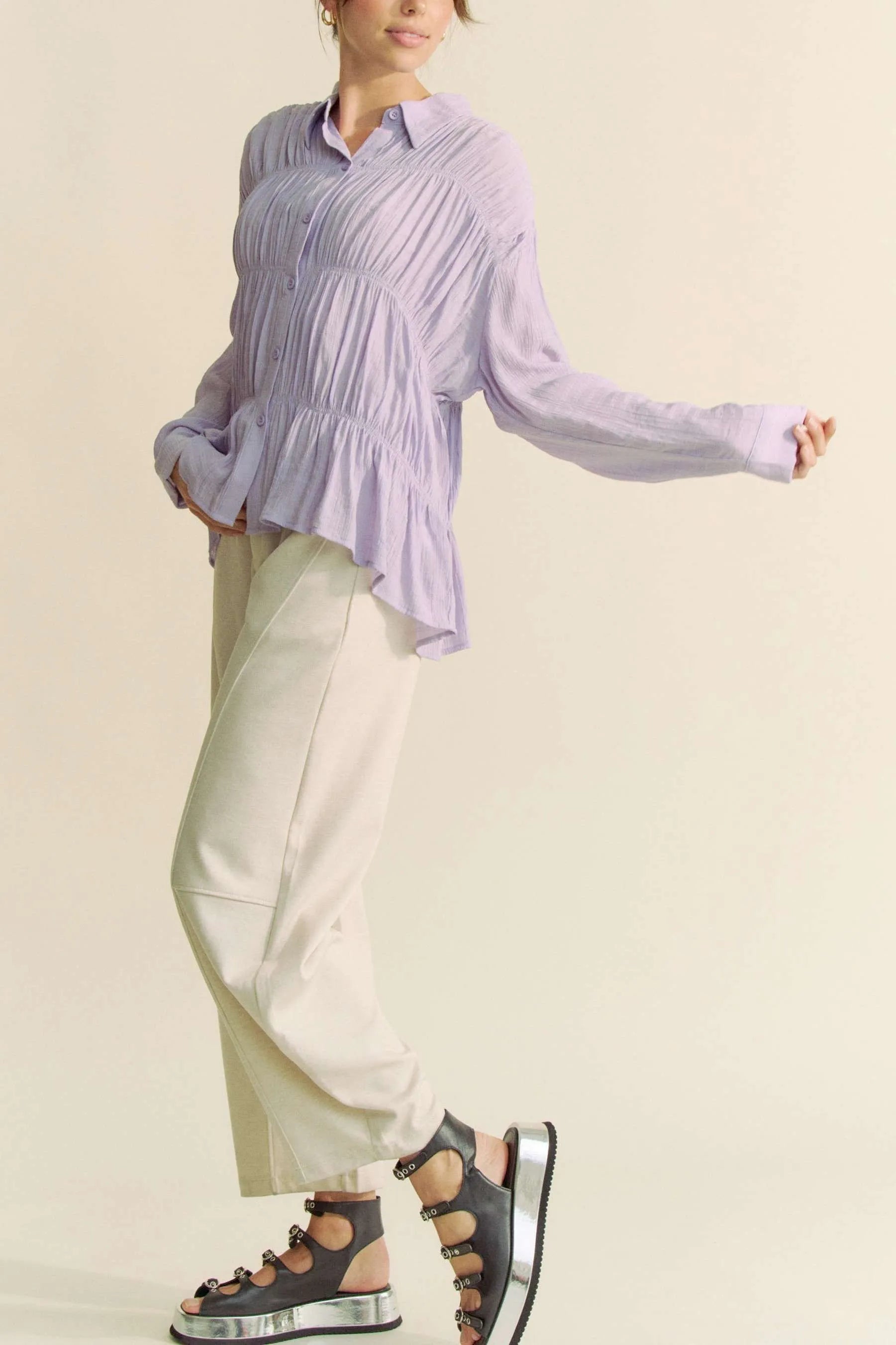 Davi & Dani Ruched All Over Button Front Shirt | Shirts Daverri Fashions