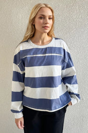 Oh Pima Cotton Wash Exposed Seam Contrast Striped Round Neck Long Sleeve T-Shirt | T-Shirts Daverri Fashions
