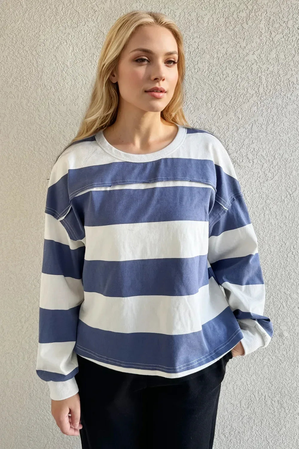 Oh Pima Cotton Wash Exposed Seam Contrast Striped Round Neck Long Sleeve T-Shirt - DAVERRI FASHIONS
