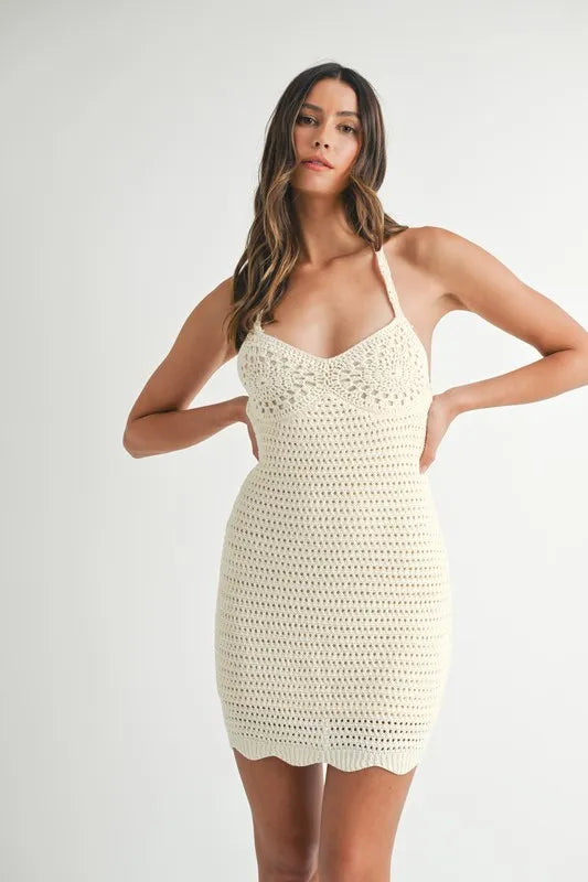 MABLE Crochet Crisscross Spaghetti Strap Mini Dress Cream