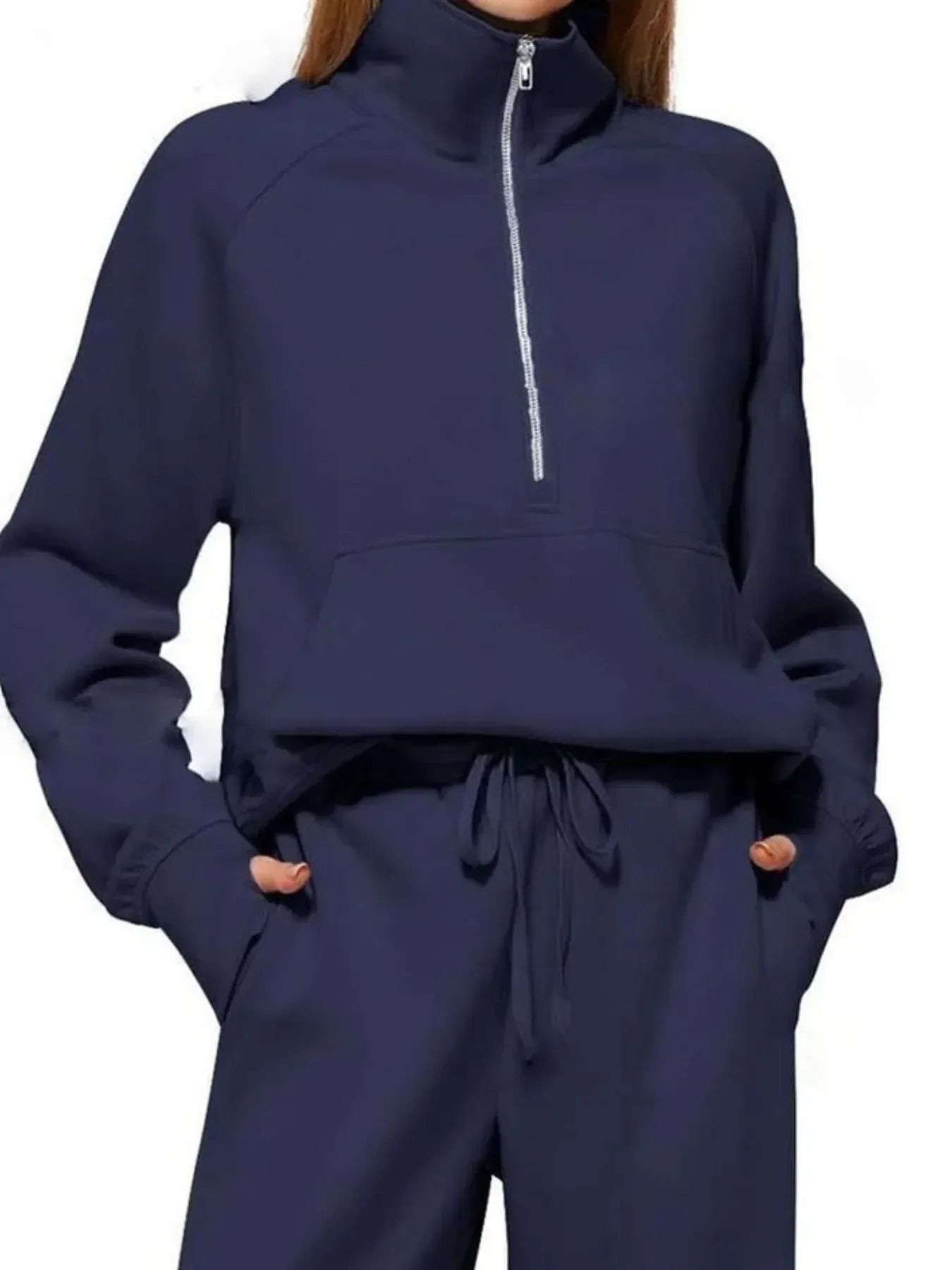 Half Zip Long Sleeve Top and Pants Set - DAVERRI FASHIONS