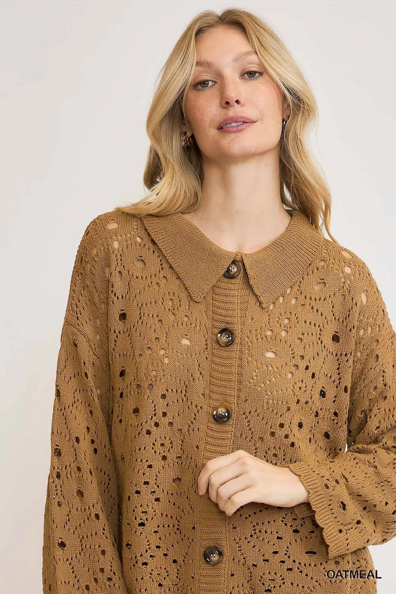 Umgee Crochet Button Down Knit Cardigan Cardigans