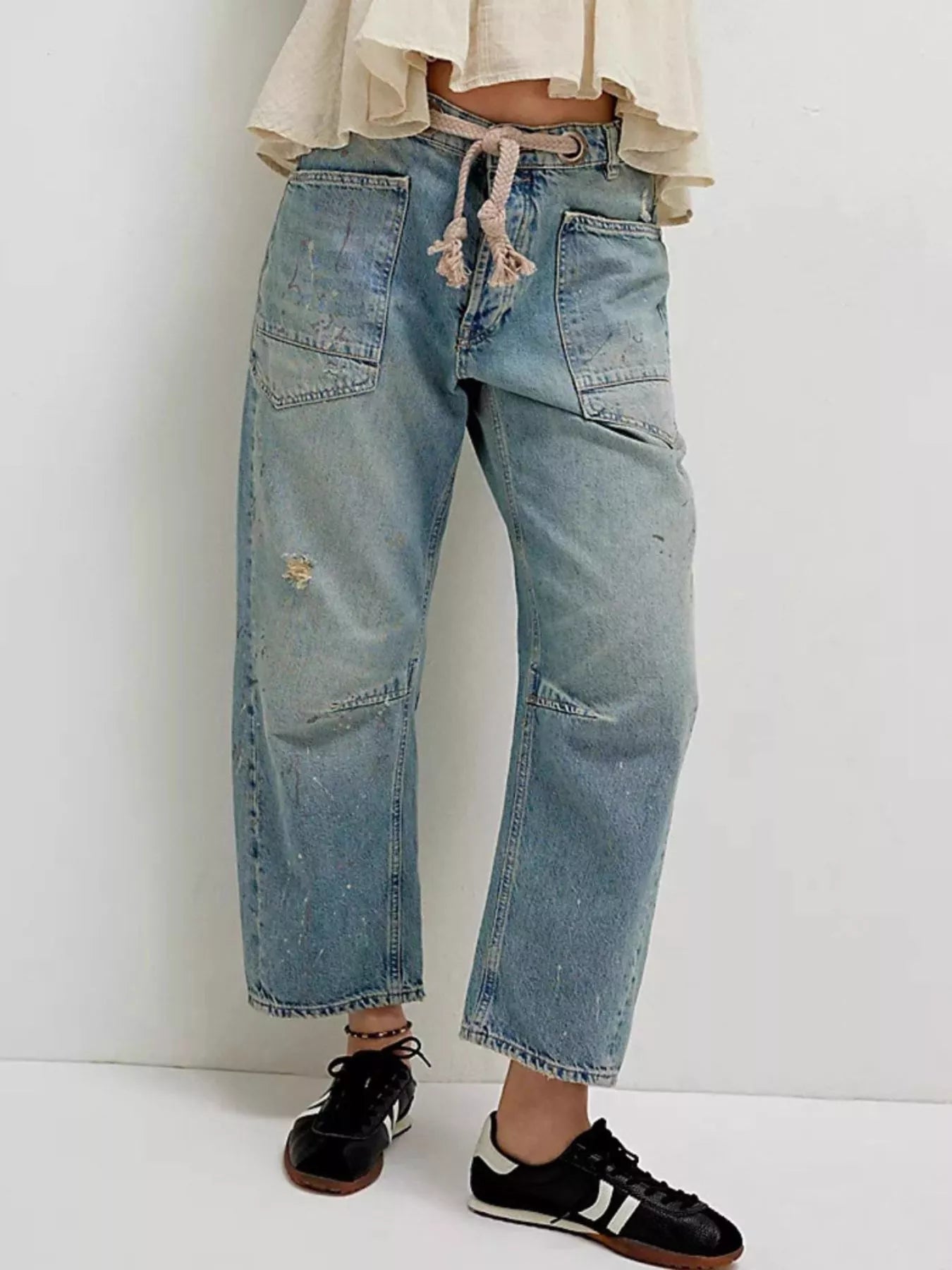 Daverri Washed Relaxed Fit Barrel Jeans in light-wash wide-leg denim with rips