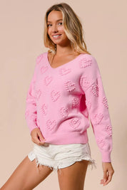 BiBi Valentines Heart Pompom V Neck Knit Top | Knit Tops Daverri Fashions