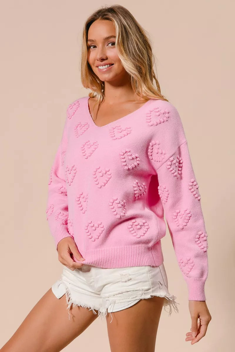 BiBi Valentines Heart Pompom V Neck Knit Top | Knit Tops Daverri Fashions
